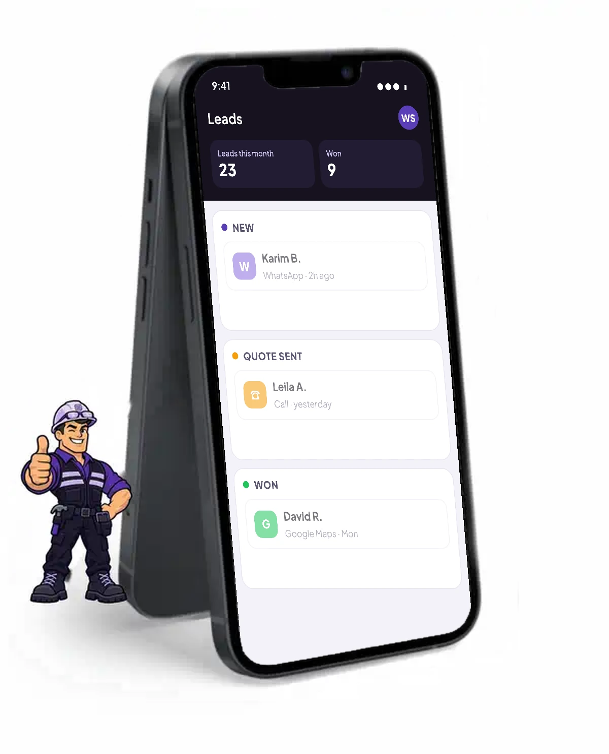 Demo: a new lead moves from New to Won in the dashboard